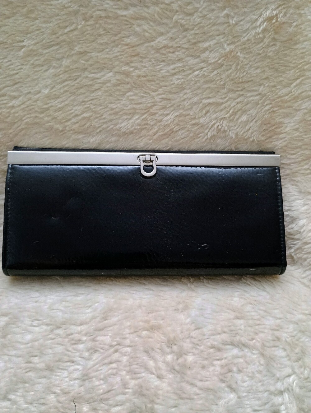 Vintage Black Patent Leather Frame Clutch Wallet Silver Lock